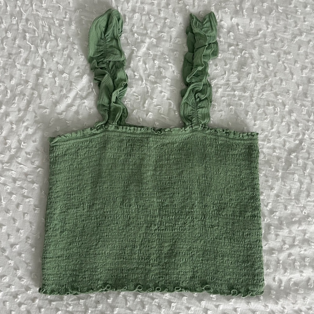 Aerie Green Smocked Ruffled Tank Top